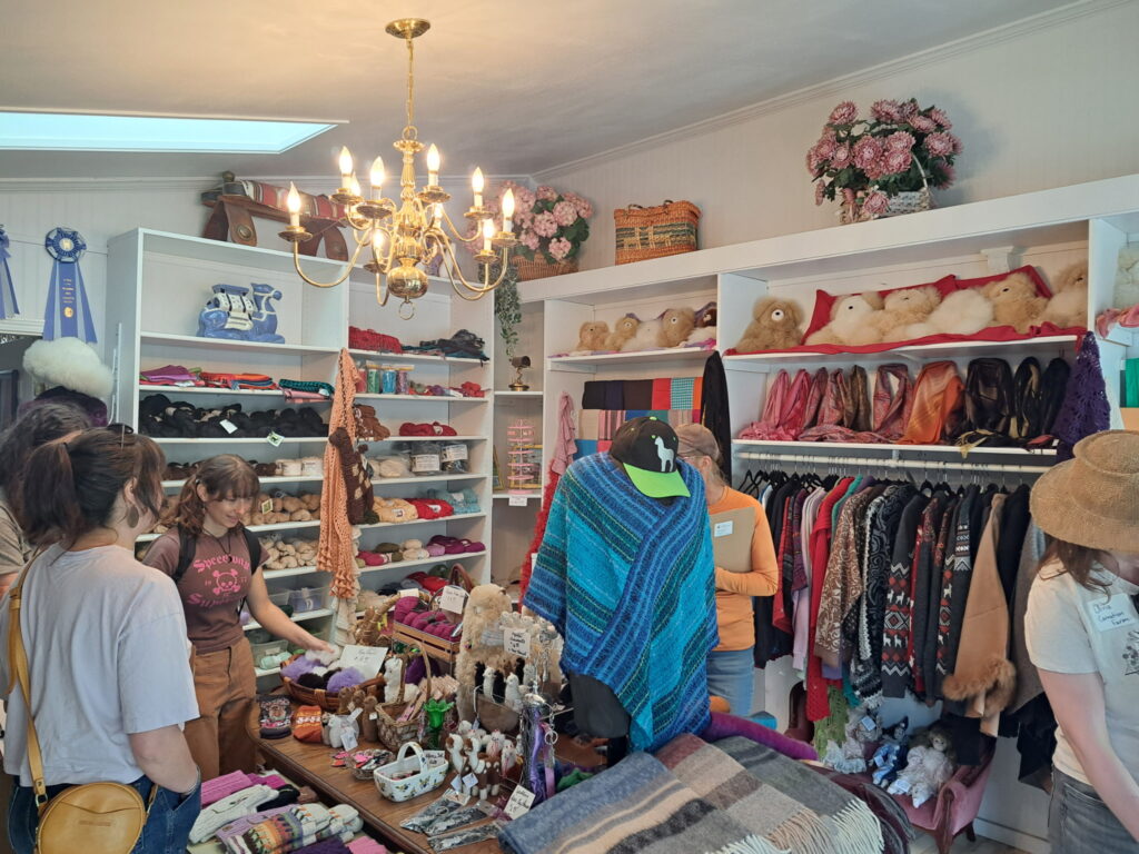 Class participants gather in the farm store which is full of brightly colored alpaca wool products