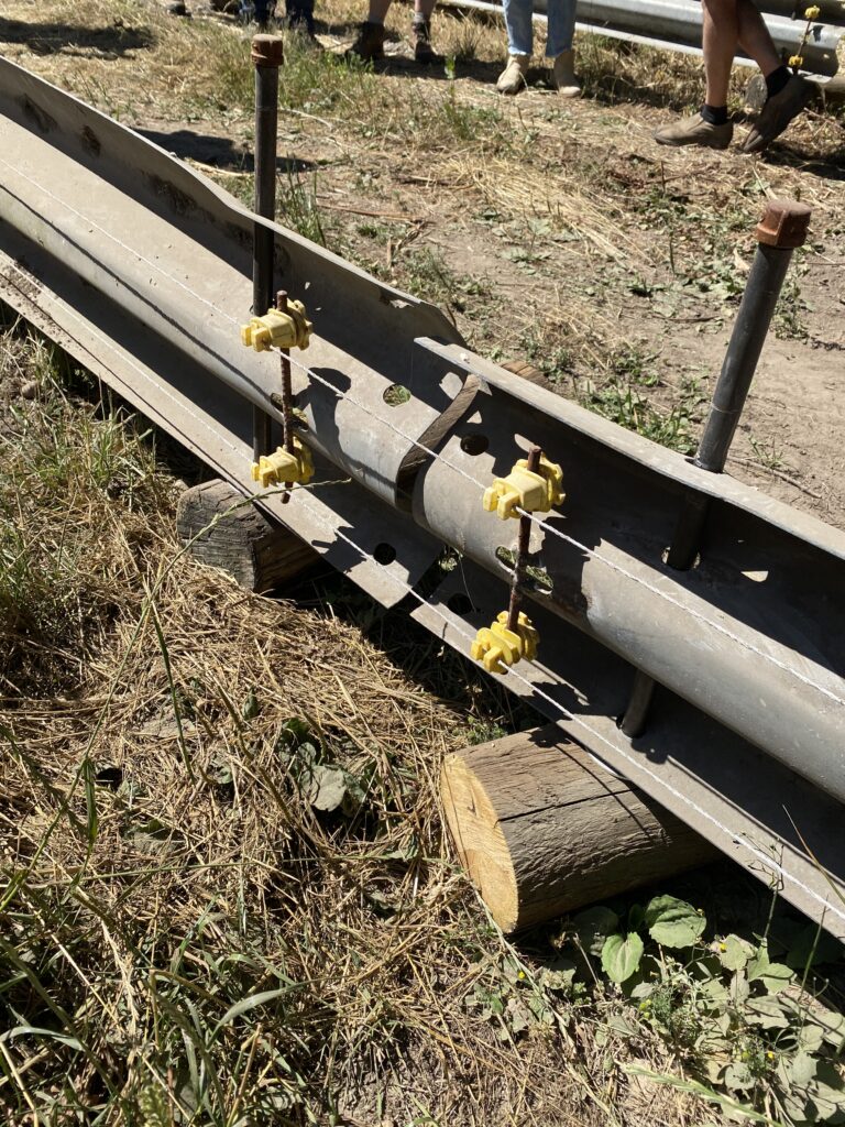 A close up picture of the fencing Brian made, showing two guardrails affixed to log rounds with short steel piping and with insulators welded to the guardrails allowing polywire to be strung up 
