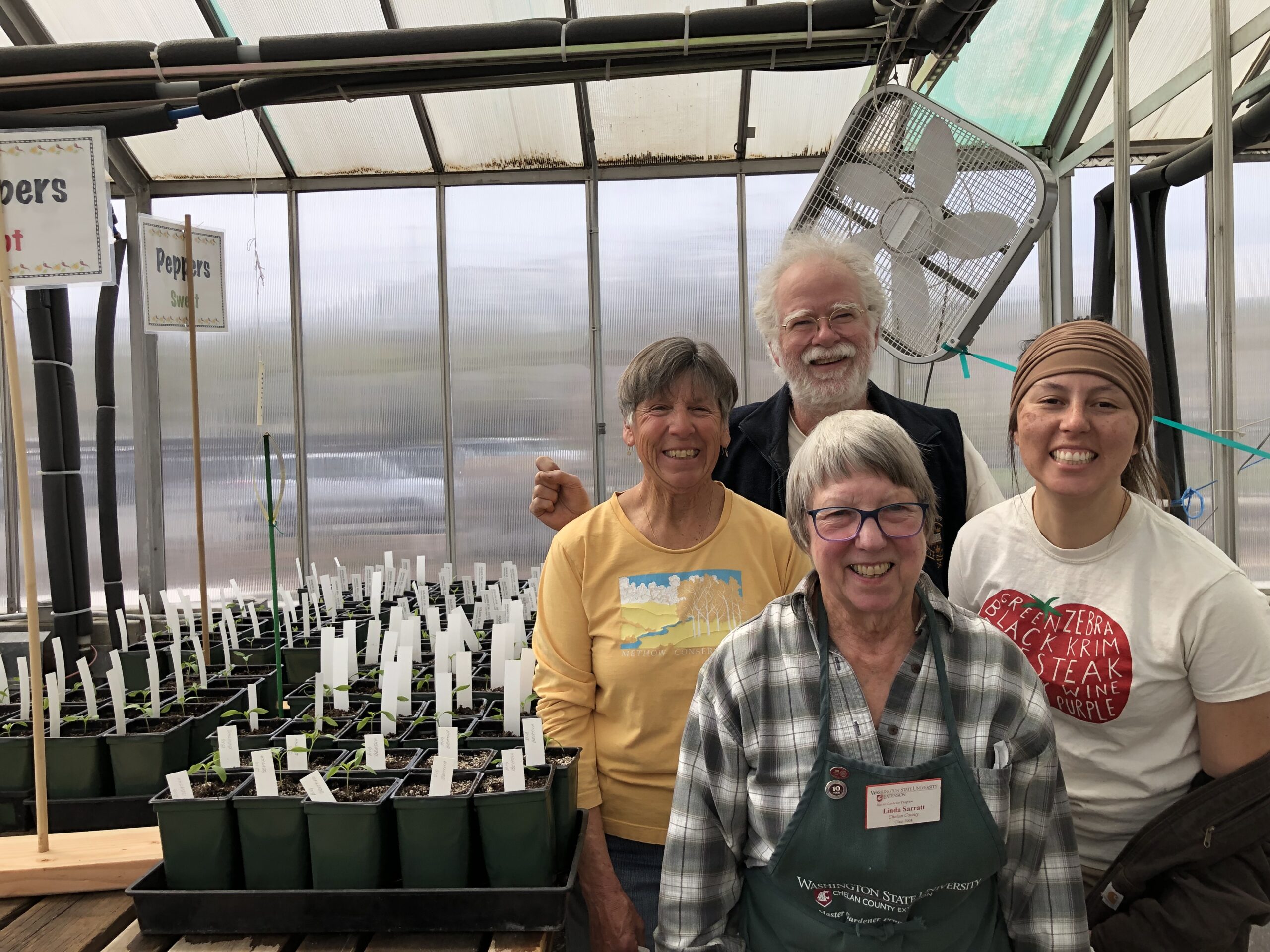 Smiling master gardeners working in greenhouse