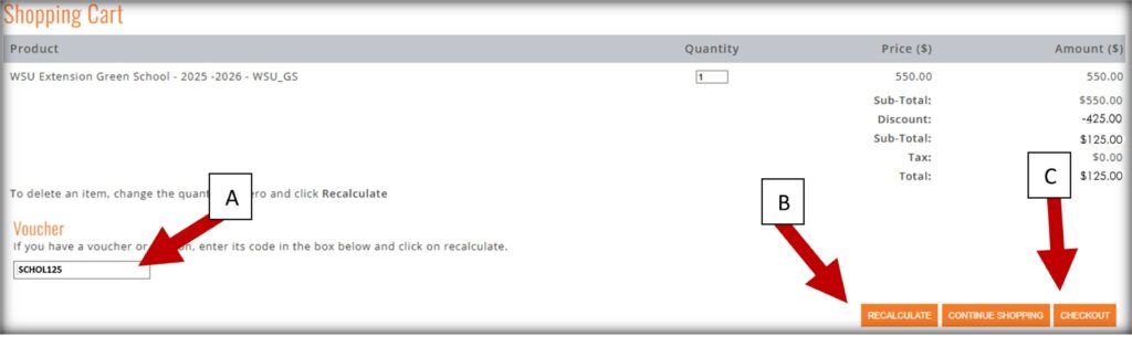 Screenshot of shopping cart