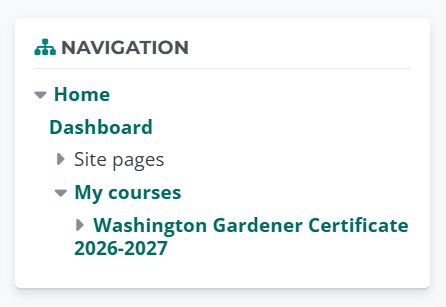 Visual of the navigation menu to Washington Gardener Certificate 2026-2027 link.