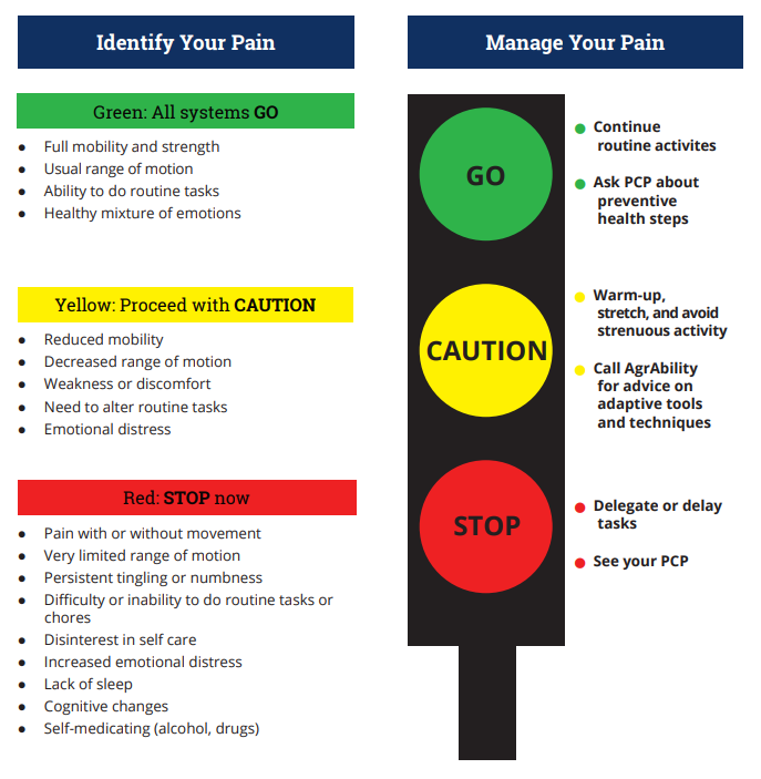 A traffic light displaying the phrases "manage your pain" and "go slow," emphasizing caution and self-care.