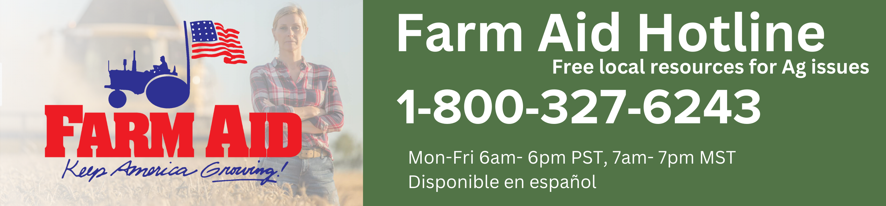 Farmaid number 1-800-327-6243, free ag recources in your area