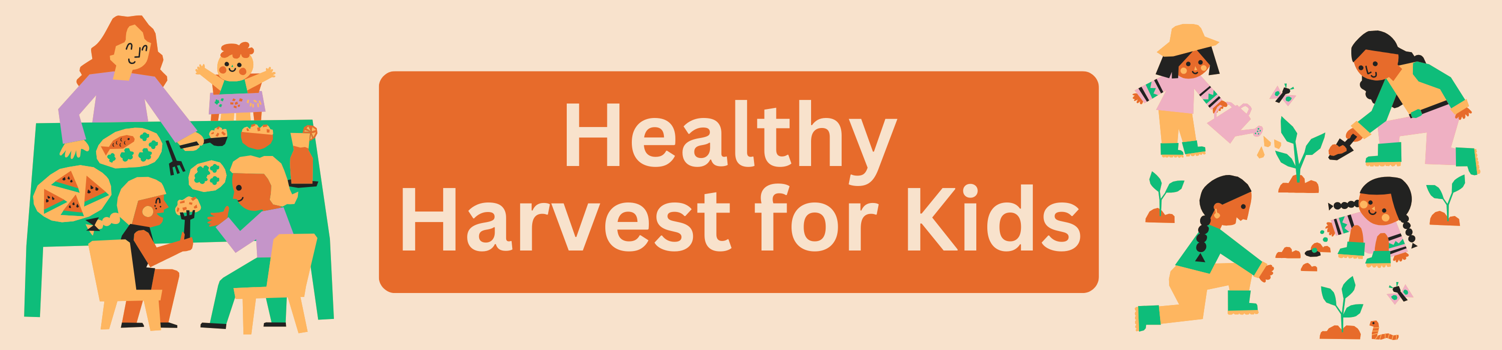 Family eating together at a table and a family gardening together