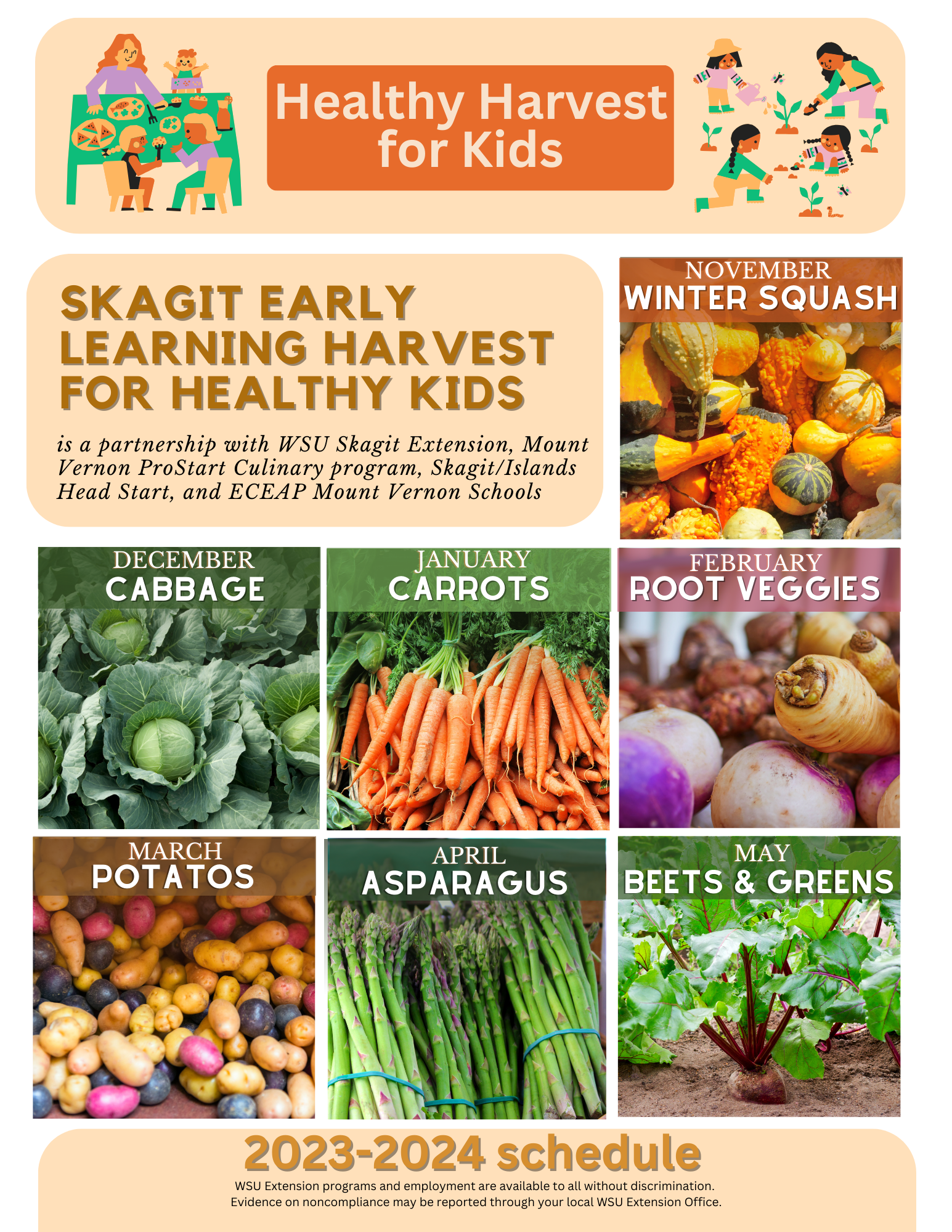 Healthy Harvest for Kids schedule for 2023 to 2024 - Nov Winter squash, december cabbage, january carrots, feb root veggies, march potatos, april asparagus, May beets and greens