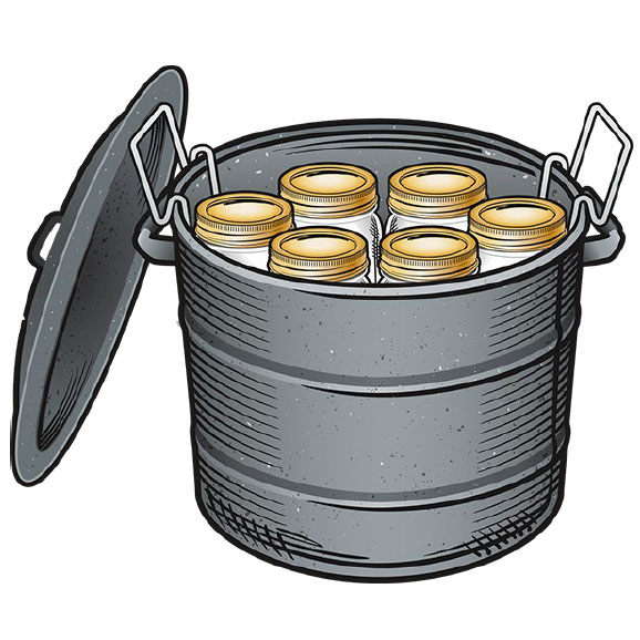 Drawing of a large pot with six glass jars in water.