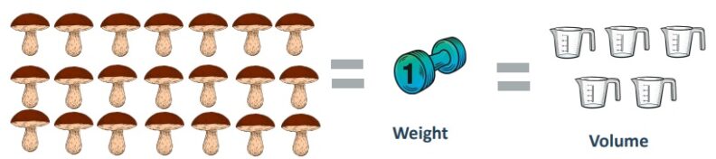 Approximately 21 mushrooms equal a one pound weight equals five cups in volume.