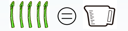 5 asparagus spears, an equal sign, and a measuring cup