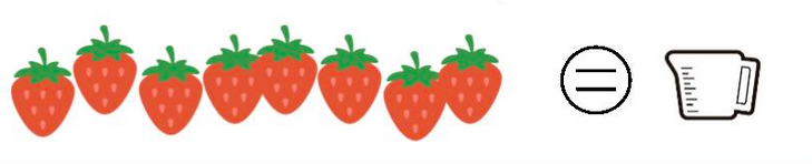 8 whole strawberries, an equal sign, and a measuring cup