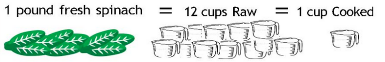 1 pound of spinach, an equal sign, 12 measuring cups with text "12 cups raw" and a measuring cup with text "1 cup cooked"