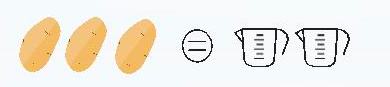 3 potatoes, an equal sign, and two measuring cups