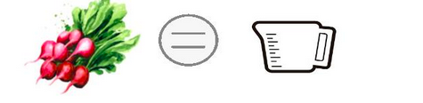 12 radishes, an equal sign, and a measuring cup