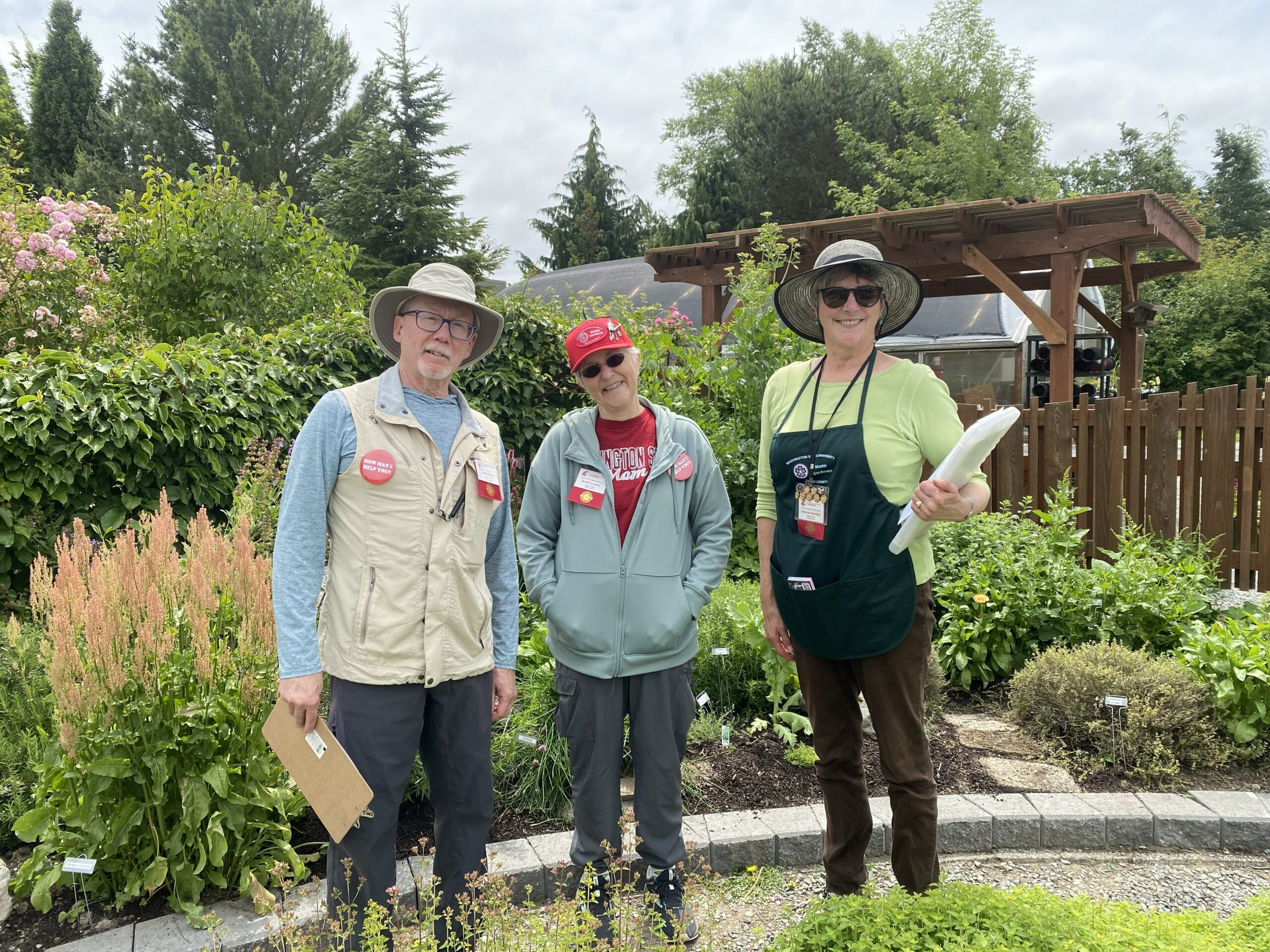 Three Master Gardener volunteer in the garden
