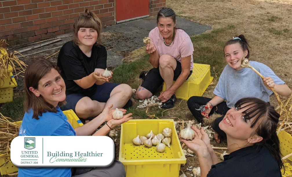 United General Hospital school garden volunteers harvesting dried garlic