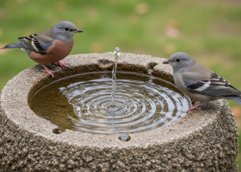 birds standing by bird bath