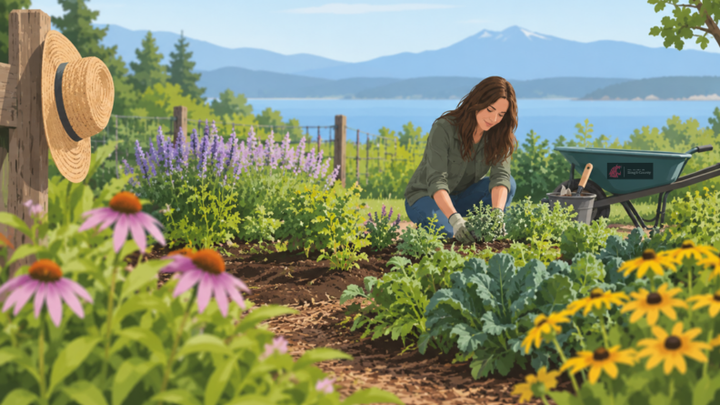 Women gardening in a large garden in the PNW. 