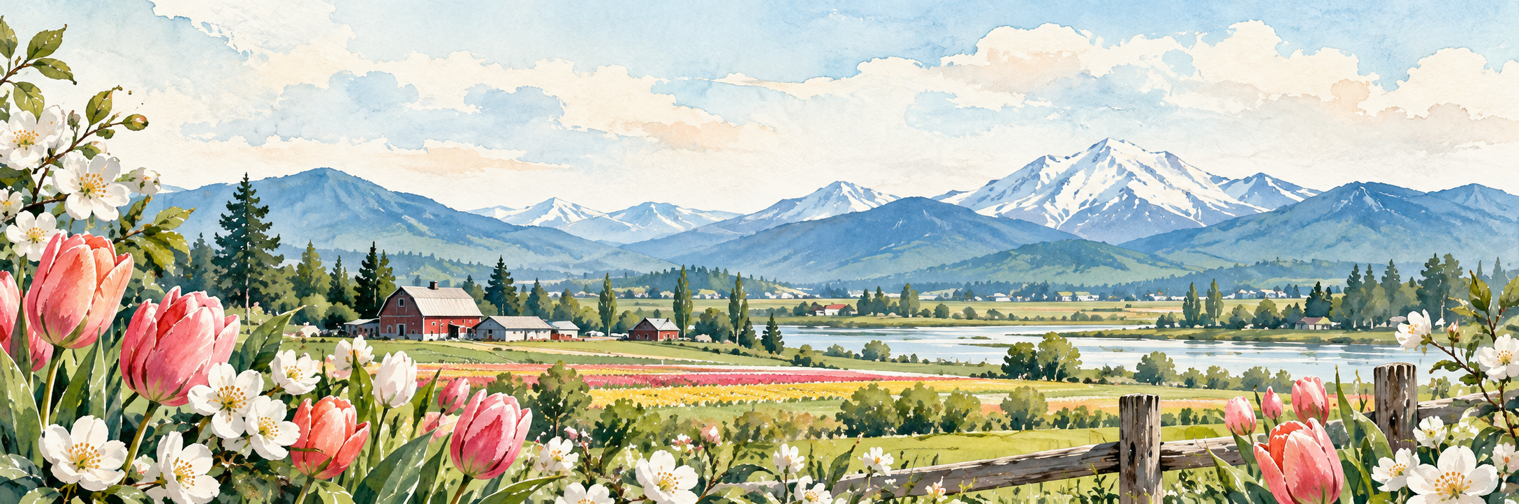 Watercolor style art of Skagit Valley with farmland, mountains, and tulips