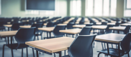 Rows of empty desks in a classroom.