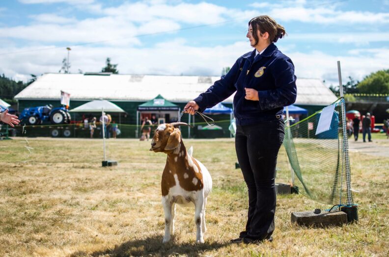 Young person with goat at fair