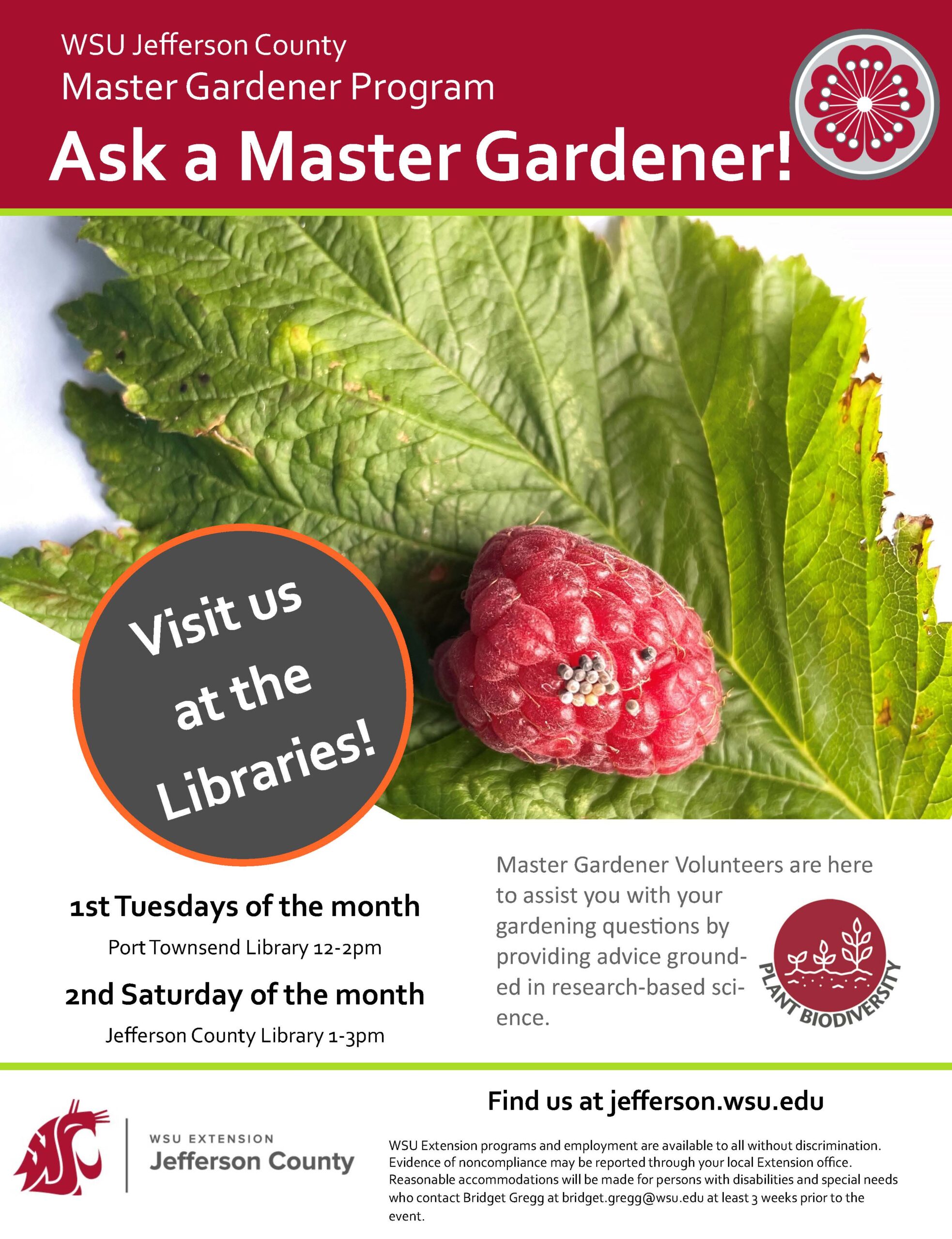 Flyer advertising Master Gardener Ask a Master Gardener clinics.  Has a picture of a raspberry with insect eggs on it and a green leaf.  