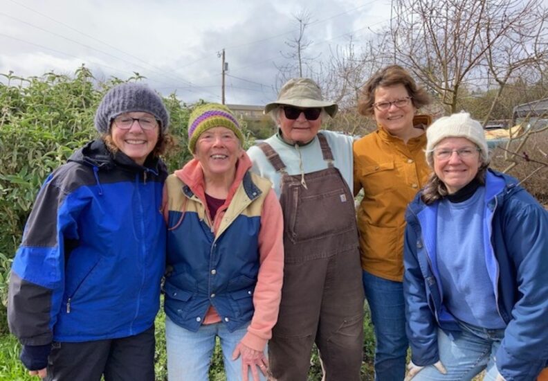 Five Master Gardener volunteers who work at the Minnie Nakano Park in Port Townsend, WA