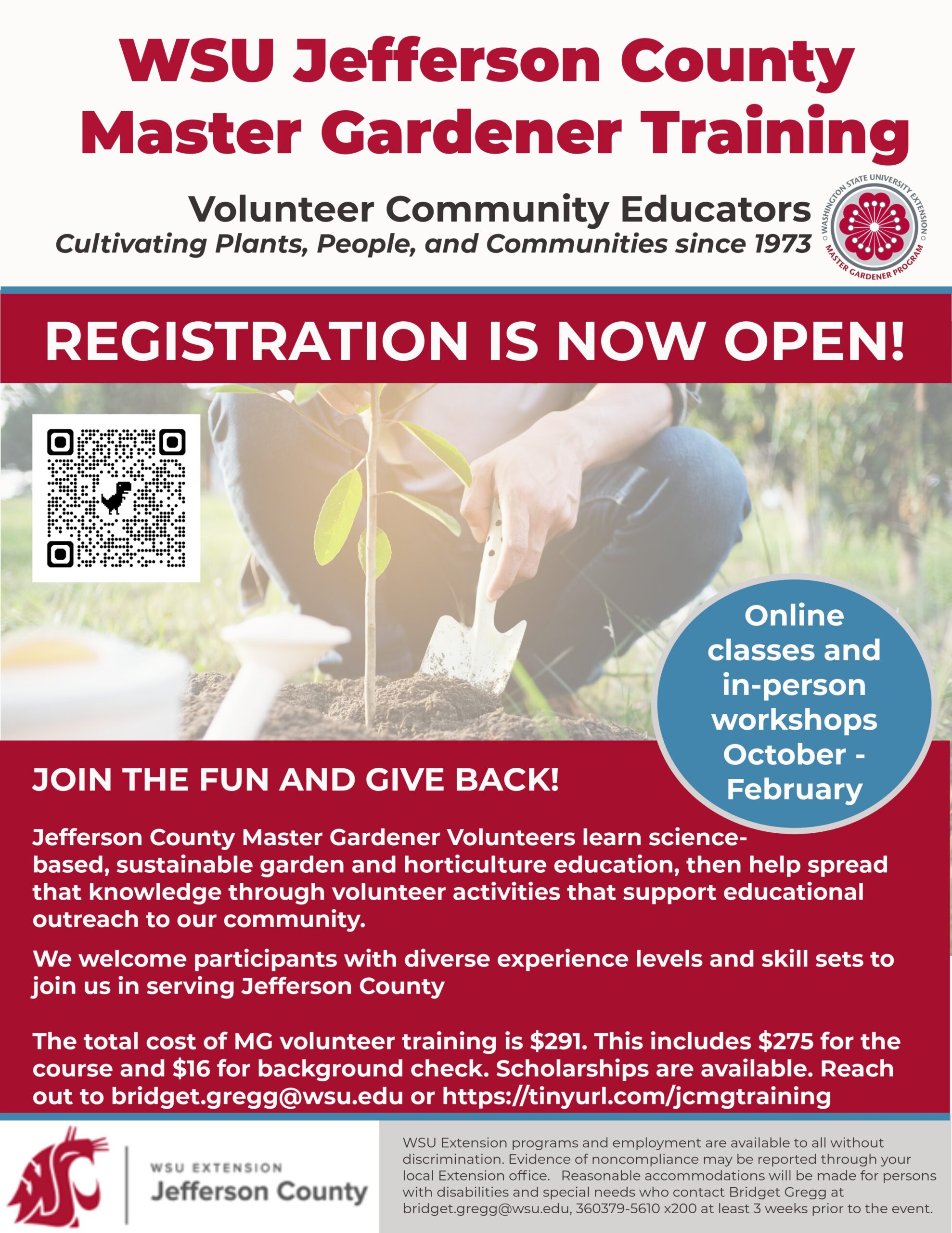 poster announcing that Master Gardener Training registration is open. Cost is $291