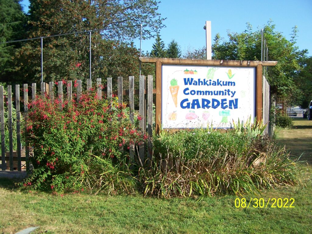 A painted sign posted in front of a wooden fence reads “Wahkiakum Community Garden.” Illustrated vegetables border the edges of the sign.