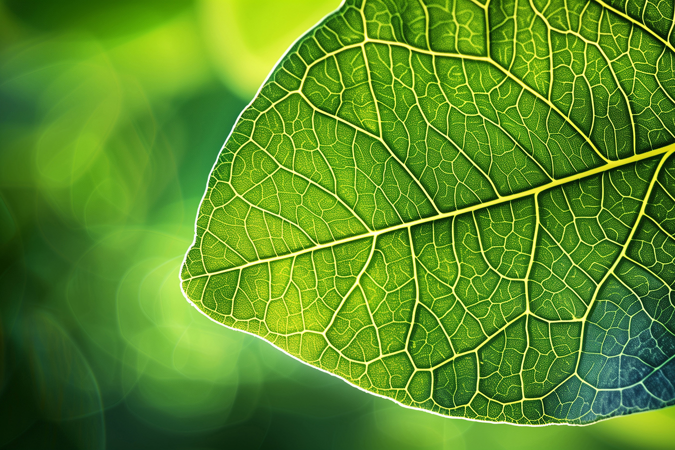 A detailed close-up shot of a green leaf revealing its complex vein structure, set against a lush, blurred background.