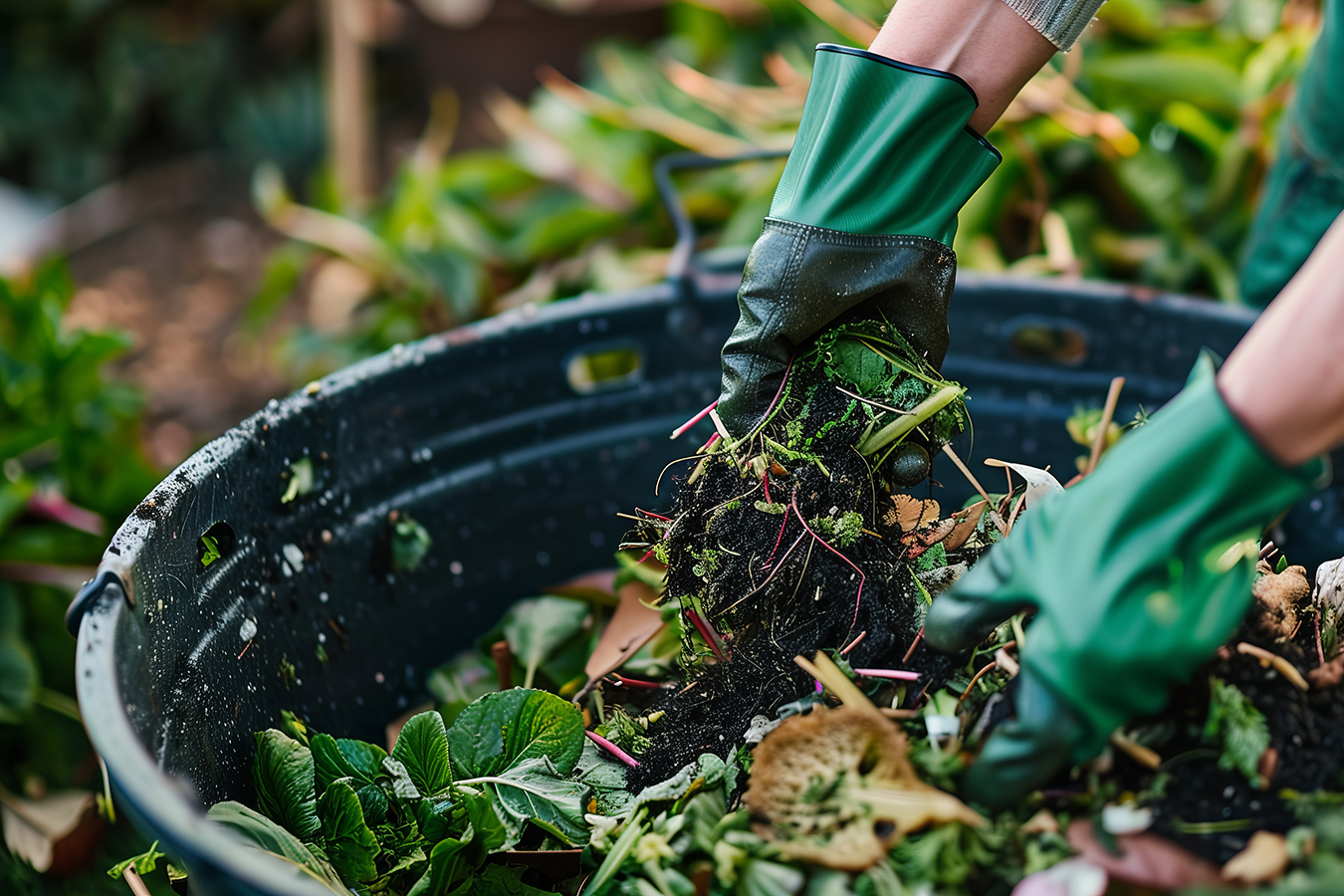 Hands diligently compost food waste into compost bin in backyard garden, fostering sustainability and eco-consciousness. Environmental stewardship, promoting organic recycling and soil enrichment.