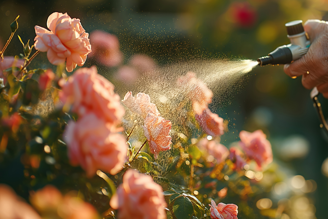 An elderly woman sprays roses against pests and diseases close-up.