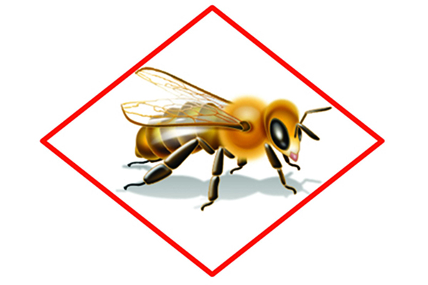 Illustration of a honey bee inside a red diamond border. The image is used as a symbol to indicate that a pesticide product is toxic to bees or other pollinators.