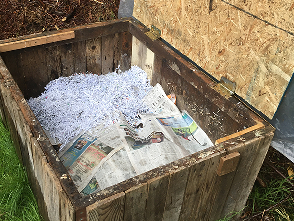 Outdoor wooden box with lid open, revealing shredded paper and newspaper.