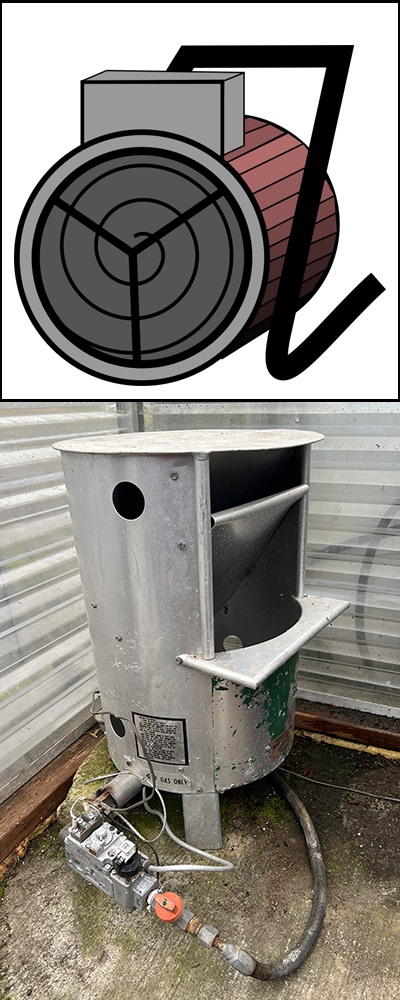 Two images: top, an illustration of an electric hot-air heater; bottom, a portable propane heater with a metal housing and gas connection, used in small hobby greenhouses.
