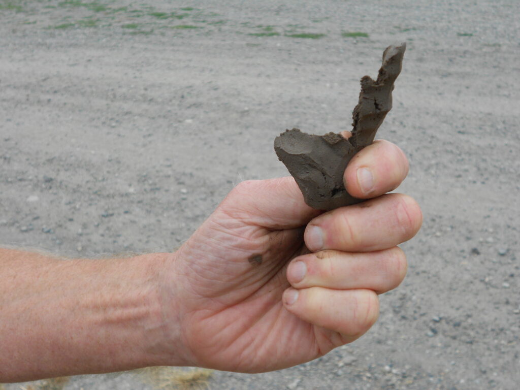 Someone presses on soil in their hand, creating a ribbon from it.