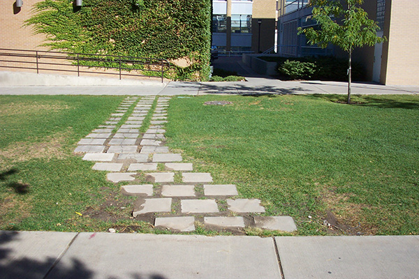 Surface pavers through a grassy lawn connect two parallel sidewalks.
