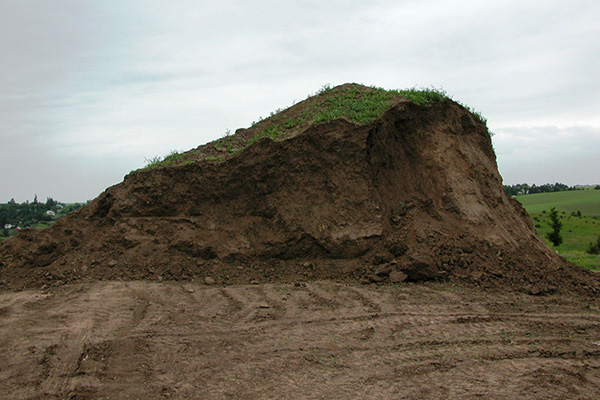 Large mound of soil surrounding by heavy tread made by large machinery.