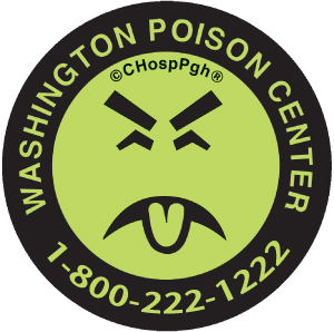 Round Mr. Yuck sticker with pale green background showing illustrated icon of a person grimacing with their tongue out. Text around the outside reads, “Washington Poison Center. 1-800-222-1222.”