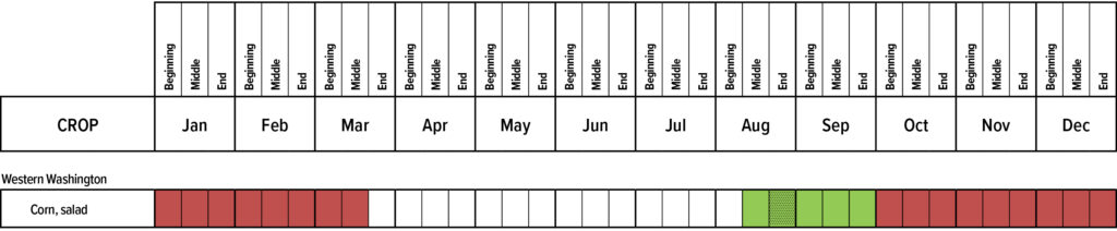 Suggested planting calendar for Corn, salad.