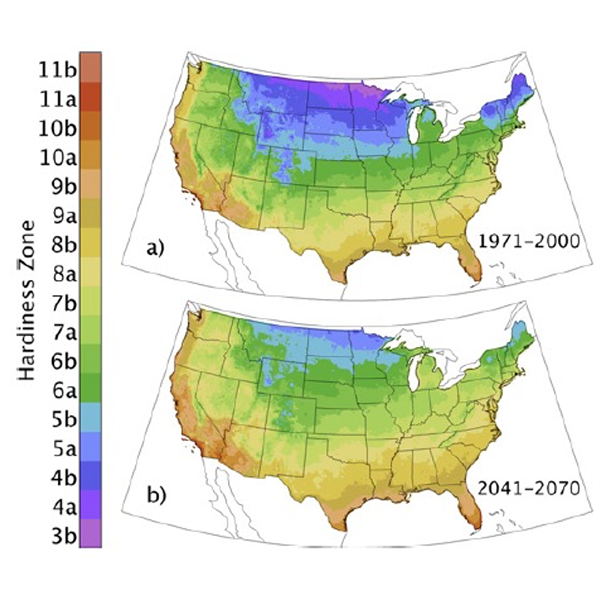 Two U.S. maps showing plant hardiness zones shifting northward between 1971–2000 and 2041–2070.