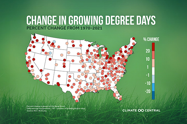 U.S. map showing increases in growing degree days from 1970 to 2021.
