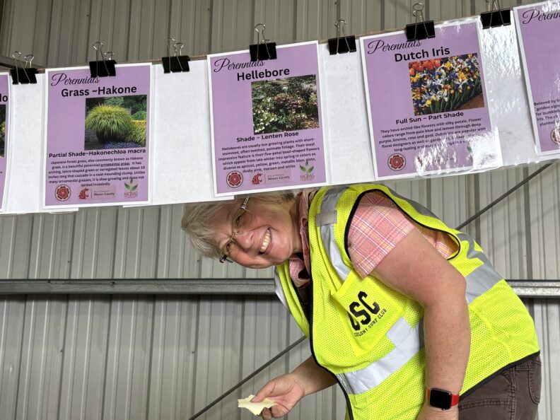 Master Gardener Trudy Johnson hanging signs at the plant sale.