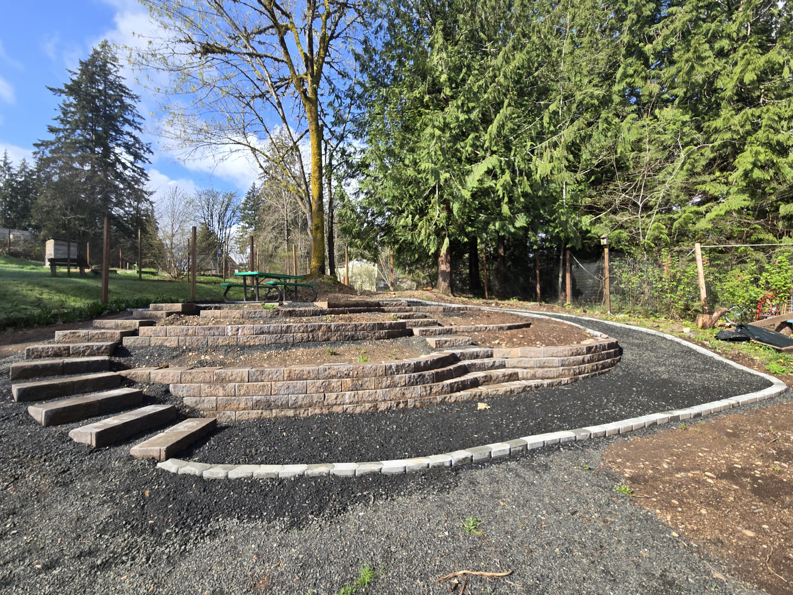 Hillside with three levels of cinder block terracing, two sets of stairs, and a sloped pathway.