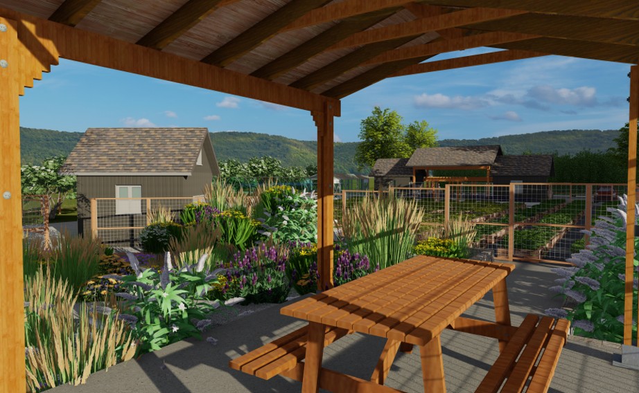 Graphic design mockup of picnic table overlooking a future Catalyst Park