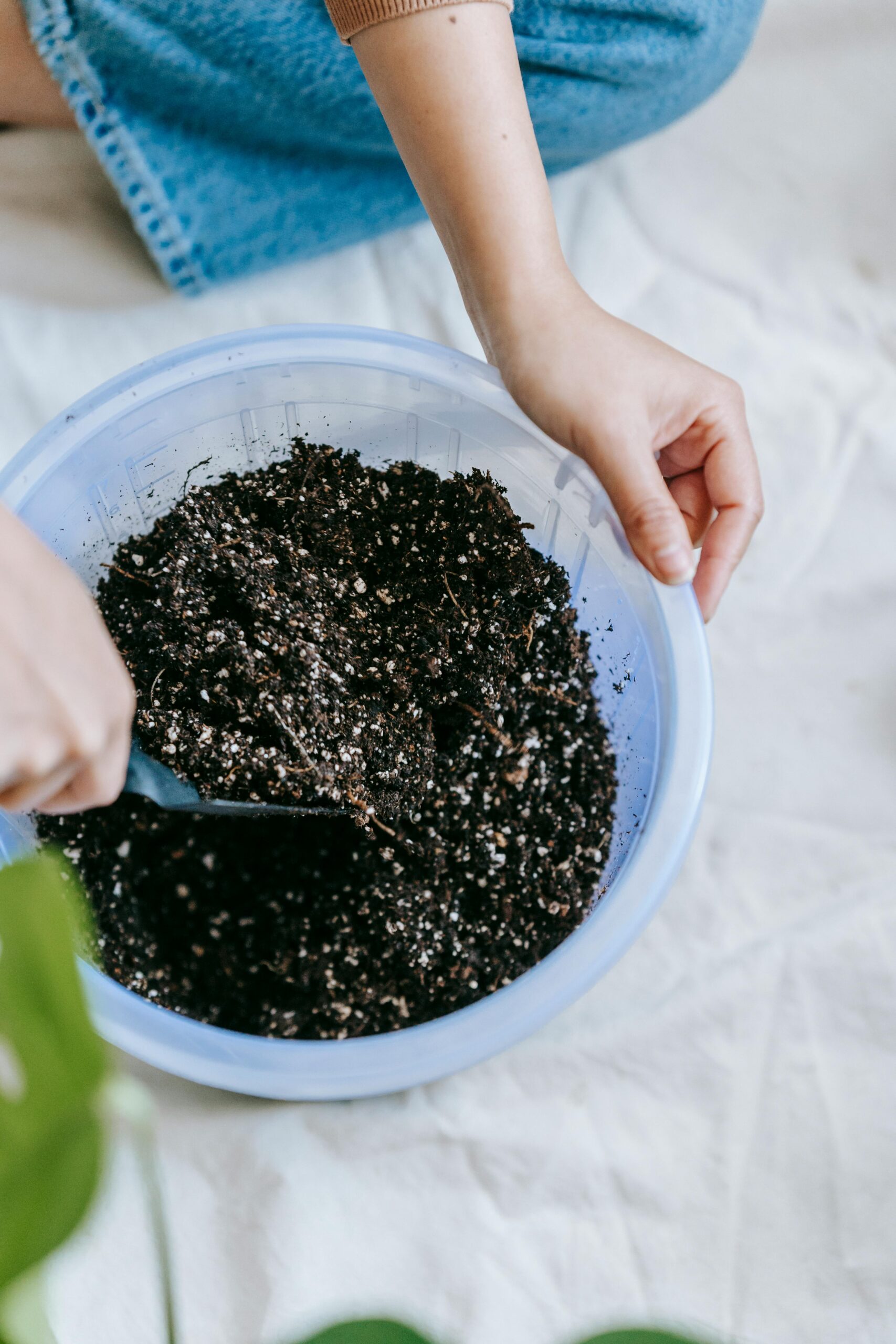 Person mixing seed starting mix in a large pot.