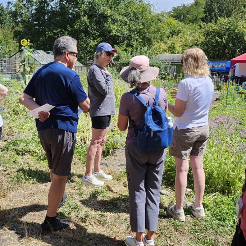Four people standing in a circle having a discussion.
