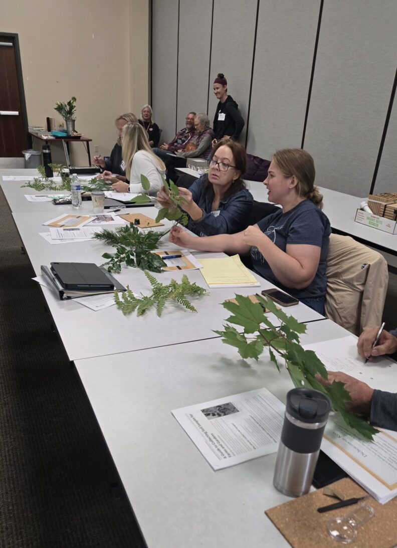 Two Master Gardener trainees hold up compare leaf samples during class.