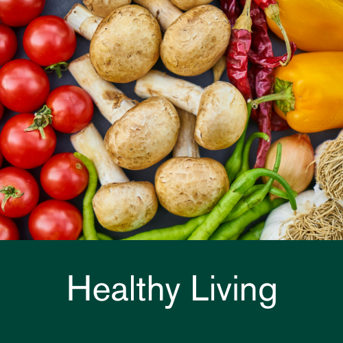 Image of tomatoes, mushrooms, peppers, beans and garlic to denote Healthy Living section of website