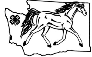 The outline of Washington state with the 4-H logo on the left side of the state and a trotting horse on the right side of the state,
