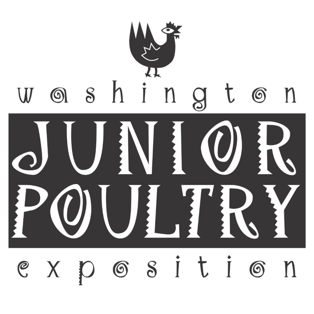 White and black image that says Washington Junior Poultry Exposition with a black chicken standing on top of the words.