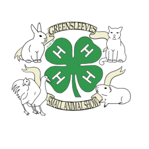 Greensleeves Small Animal Show, a clover surrounded by a cat, rabbit, cavy, chicken, and duck. 